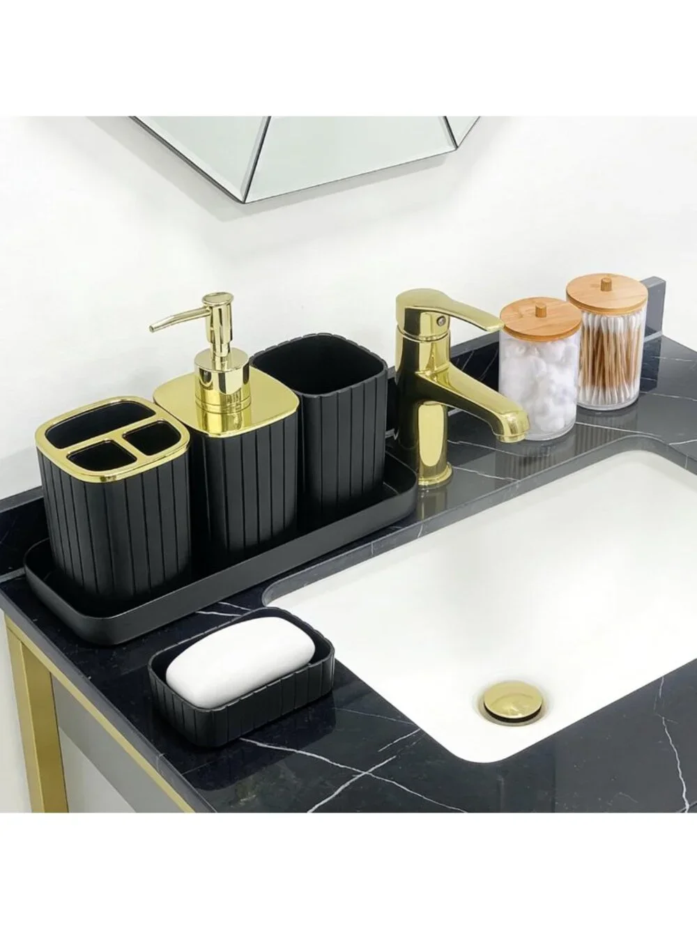 9PC Black & Gold Bathroom Accessories Set - Trash Can, Soap Dispenser & More